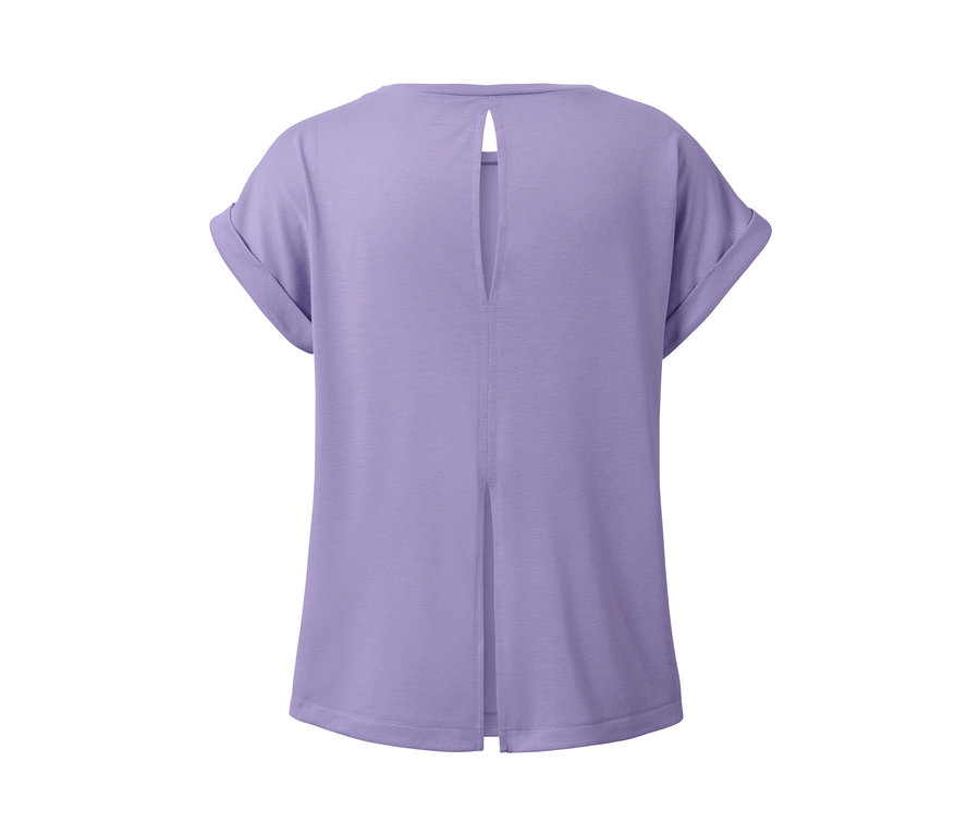 Rückansicht des lila 2-in-1-Kurzarm-Sportshirts.