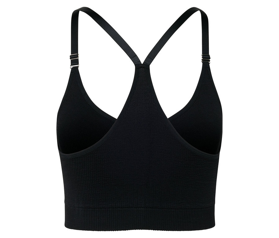 Detailansicht eines schwarzen Sport-Tops mit dünnen Trägern.