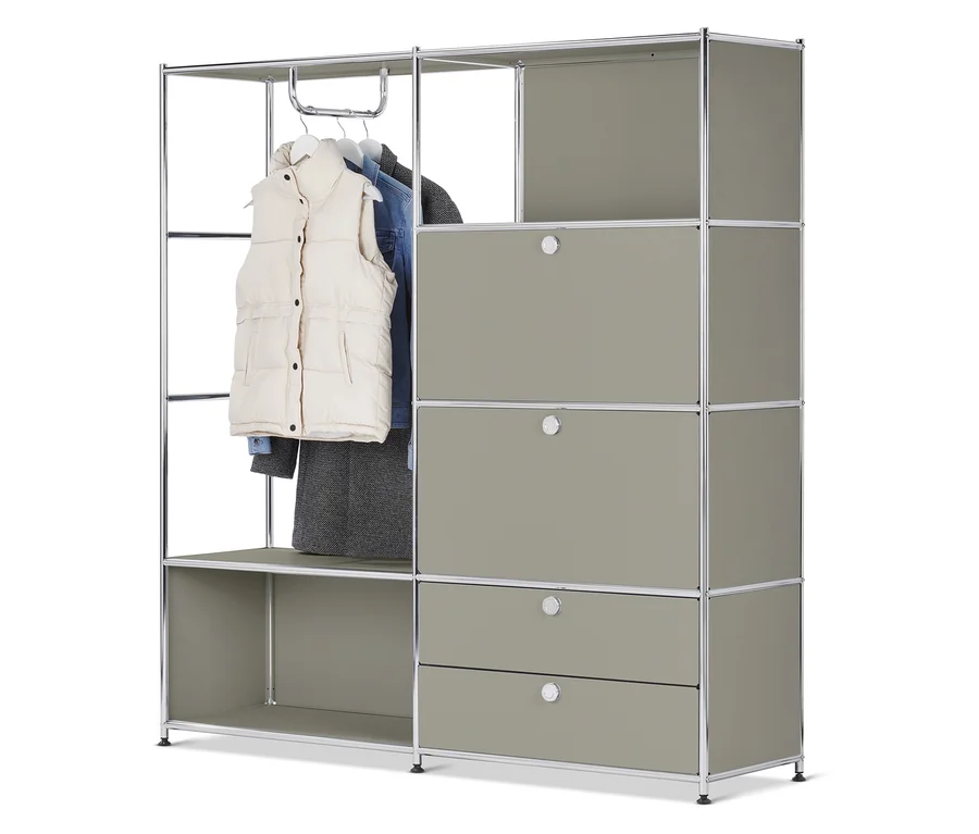 Graues modulares Aufbewahrungssystem mit Kleiderstange, Regalen und Schubladen.