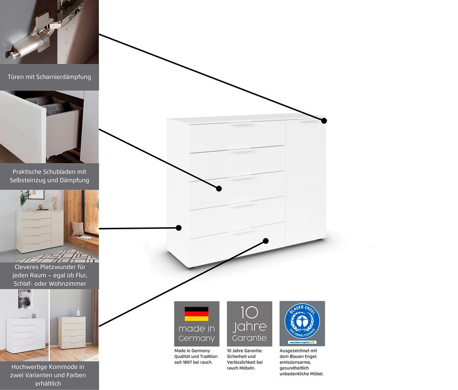 Detailansicht einer weißen Kommode mit Schubladen und Schrank, hergestellt in Deutschland mit 10 Jahren Garantie.