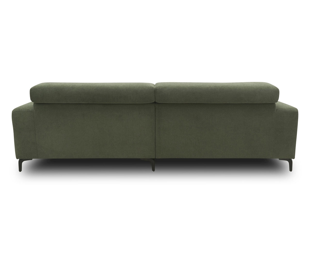 Rückansicht des grünen DOMO Eck-Schlafsofas mit Hocker, linksbündig.