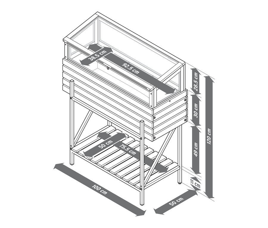 Illustration eines Hochbeets mit Frühbeetaufsatz »Elin« mit Maßangaben.