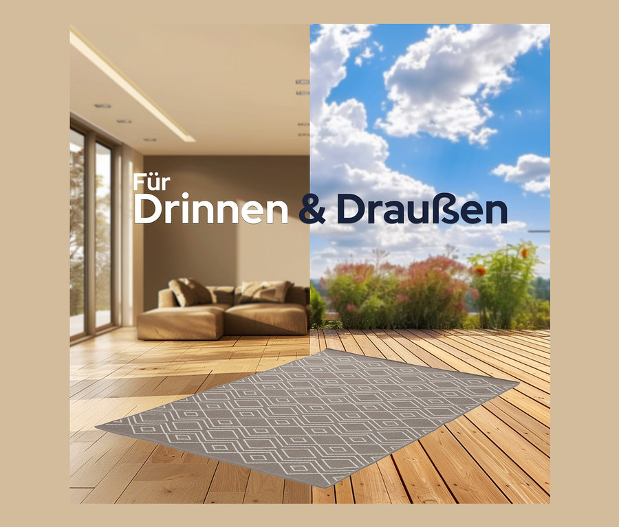 Ein brauner, faltbarer Outdoor-Teppich »Diamond Rhythm« liegt auf einem Holzboden; im Hintergrund befinden sich ein Wohnzimmer und ein Außengarten.