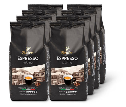 Acht Packungen Tchibo Espresso Kräftig mit je 1 kg ganzen Bohnen.