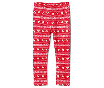 Rote Leggings mit weißem Muster aus Mickey Mouse und Schneeflocken.