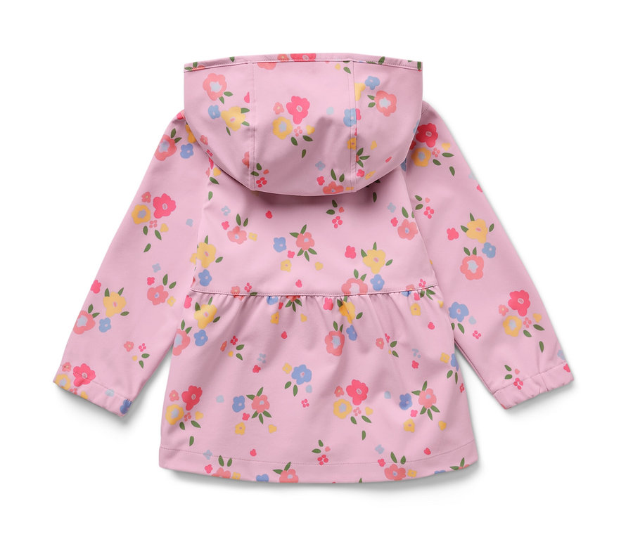 Detail einer Kinder-Softshelljacke mit Blumenmuster.