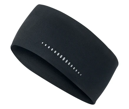 Schwarzes Sportstirnband mit reflektierenden Punkten auf weißem Hintergrund.
