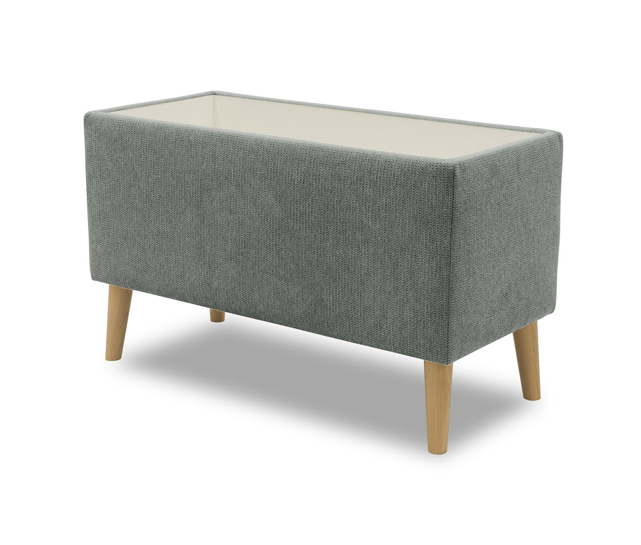 Grauer DOMO Hocker mit Stauraum auf vier Beinen.