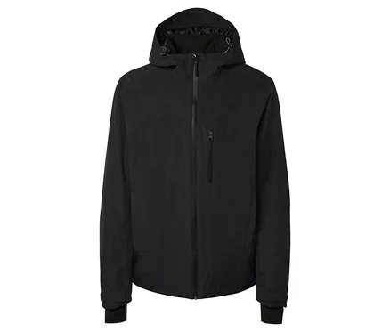 Schwarze Kapuzenjacke mit Reißverschluss.