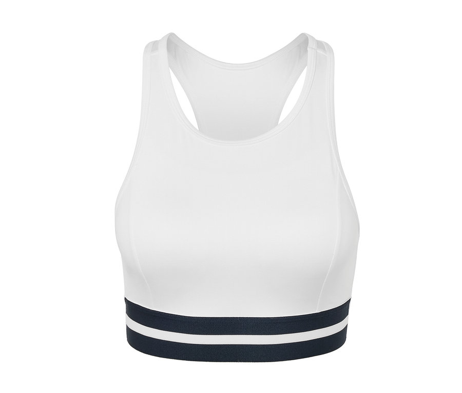 Weißes Sport-Bustier »Crop Top« mit dunkelblauem Streifen unten.