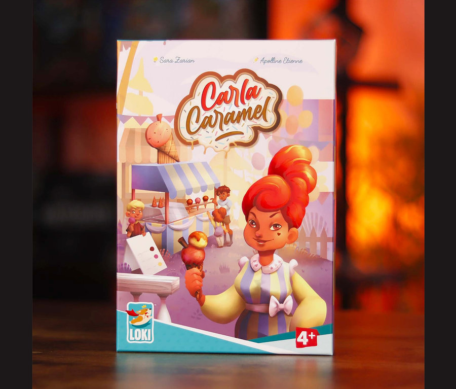 Box des Spiels "Carla Caramel". Auf der Schachtel ist eine Illustration einer Eisverkäuferin und Kindern vor einem Eisstand abgebildet.