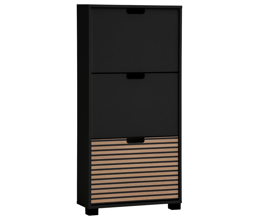 Schwarzer Schrank mit drei Schubladen, die untere Schublade hat Holzlamellen.