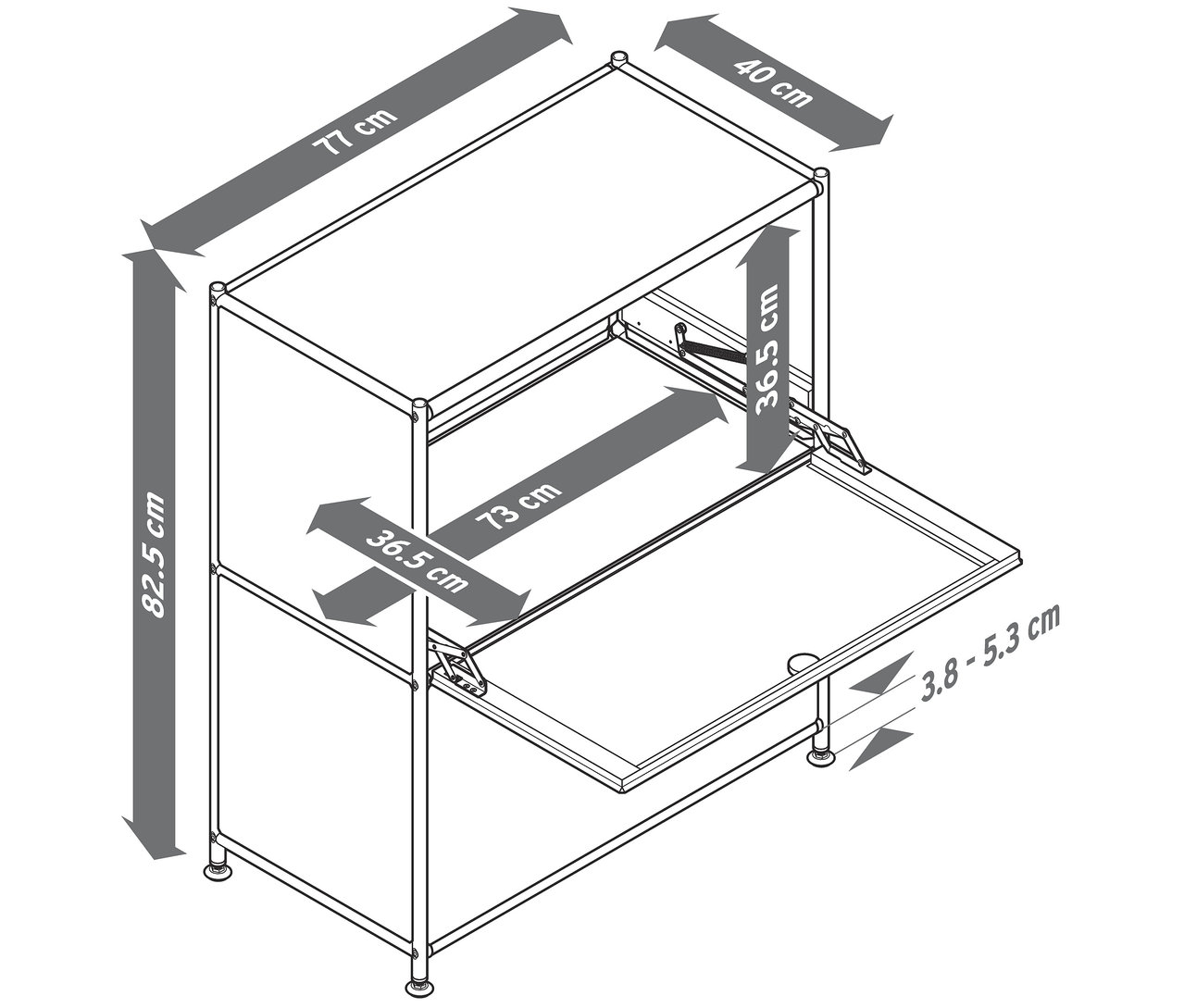 Schwarz-weiße Zeichnung eines Schranks mit Abmessungen, geöffneten Türen und Regal.