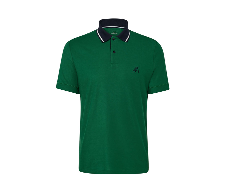 Grünes Funktions-Poloshirt mit dunkelblauem Kragen.