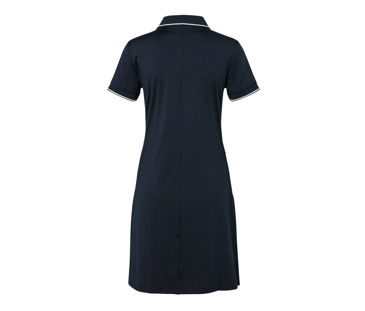 Dunkelblaues Sportkleid mit weißer Bordüre an Kragen und Ärmeln.
