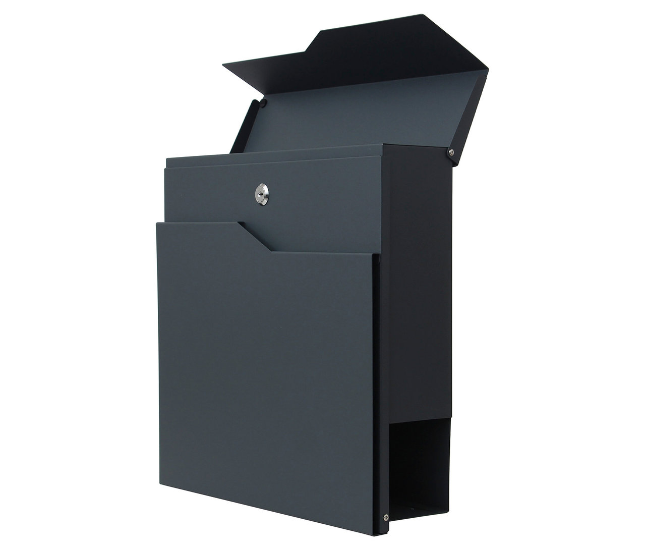 Ein grauer Briefkasten mit offenem Deckel und Zeitungsfach.