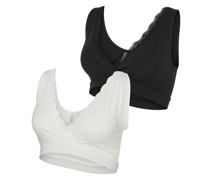 Zwei MAMALICIOUS »MLHELENA« Schwangerschafts-BHs im 2er-Pack, einer in Weiß und einer in Schwarz, beide mit Spitzenbesatz.