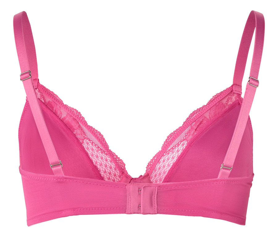 Nahaufnahme eines pinkfarbenen BHs mit Spitze, von hinten gesehen.