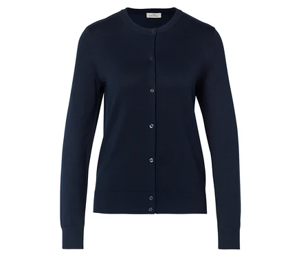 Dunkelblauer Feinstrick-Cardigan mit Rundhals, langen Ärmeln und Knopfleiste.
