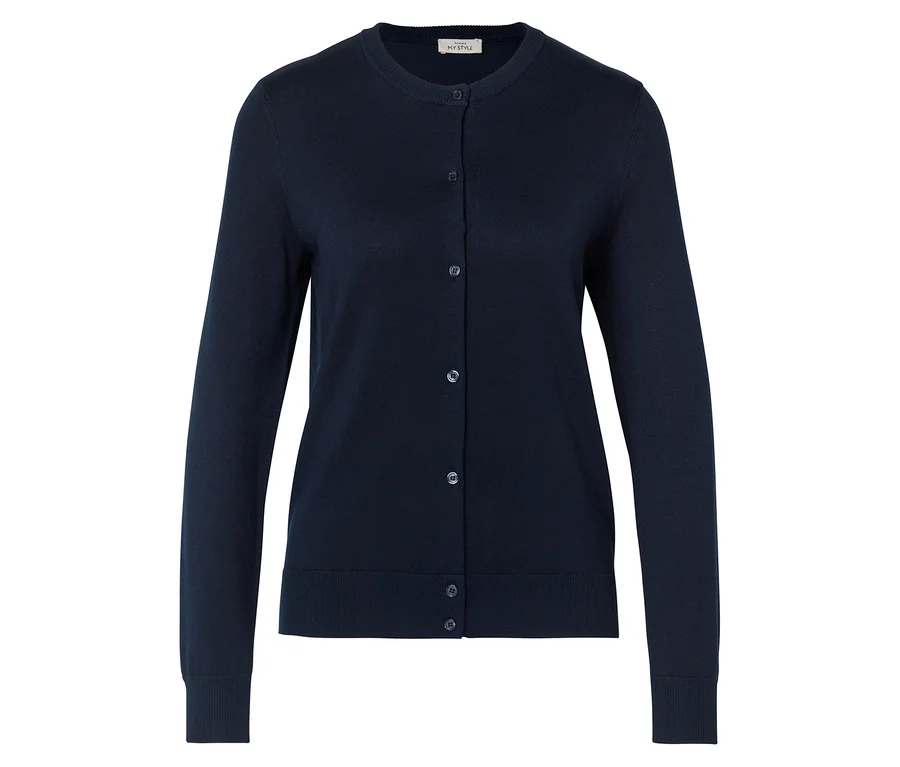 Dunkelblauer Feinstrick-Cardigan mit Rundhals, langen Ärmeln und Knopfleiste.