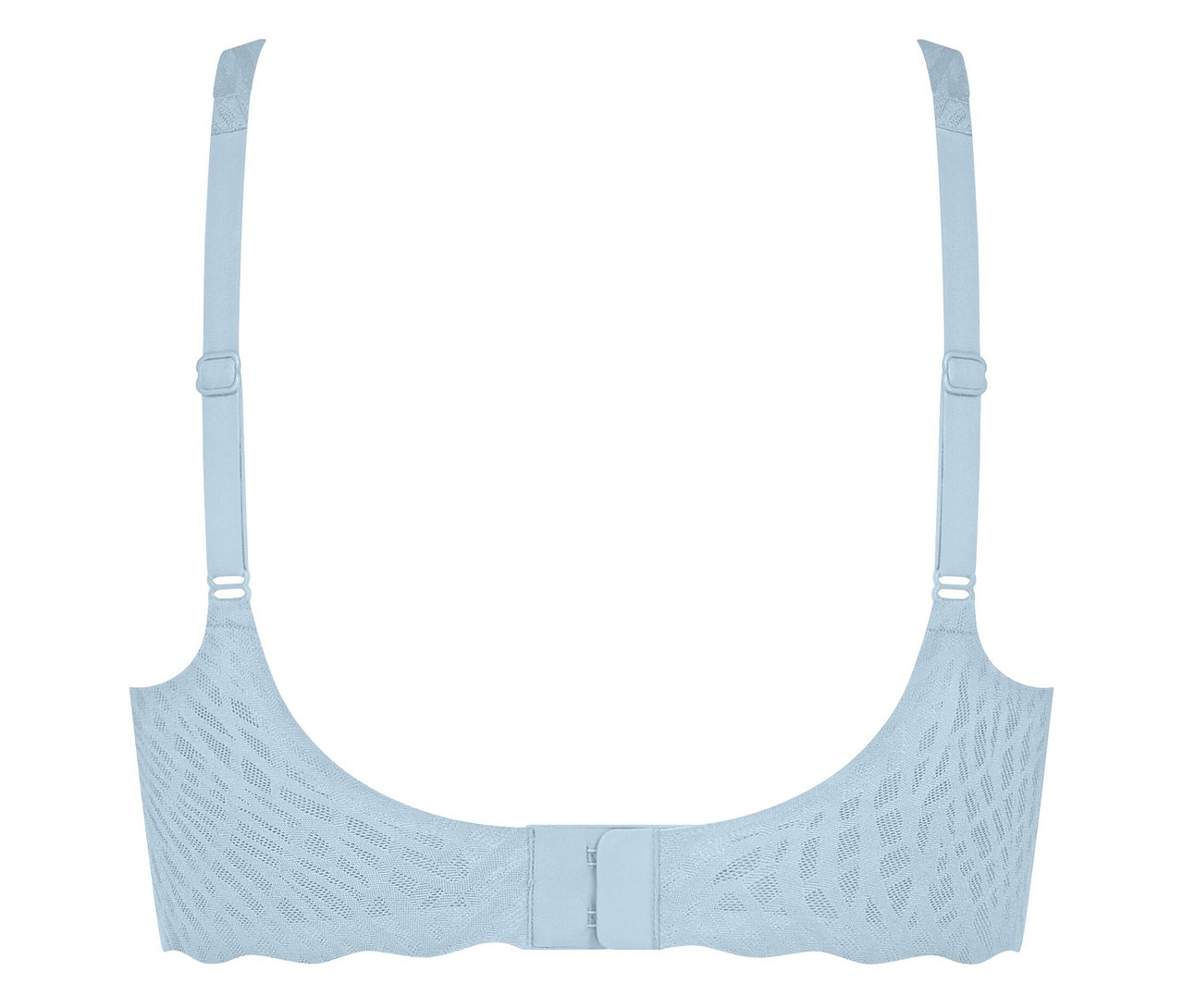 Nahaufnahme eines hellblauen BHs mit Hakenverschluss.