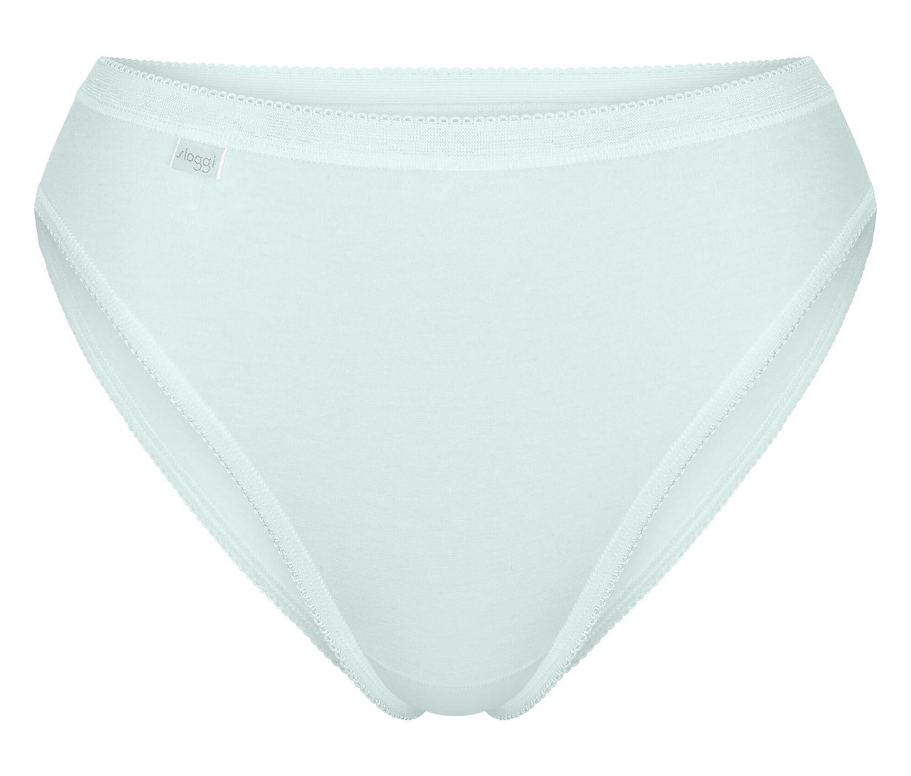 Nahaufnahme eines einzelnen hellblauen Slips mit Spitzenbesatz.