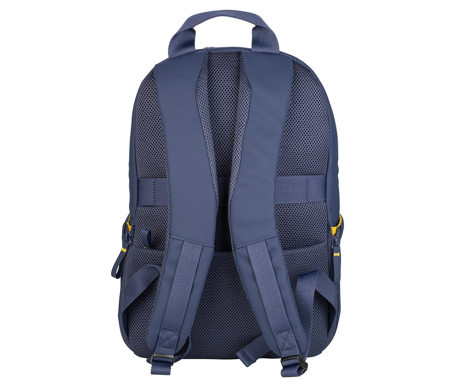 Rückansicht eines marineblauen Rucksacks mit gelben Akzenten.