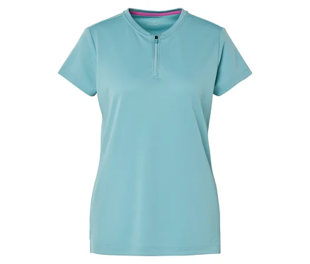 Hellblaues Kurzarmshirt mit kurzem Reißverschluss.