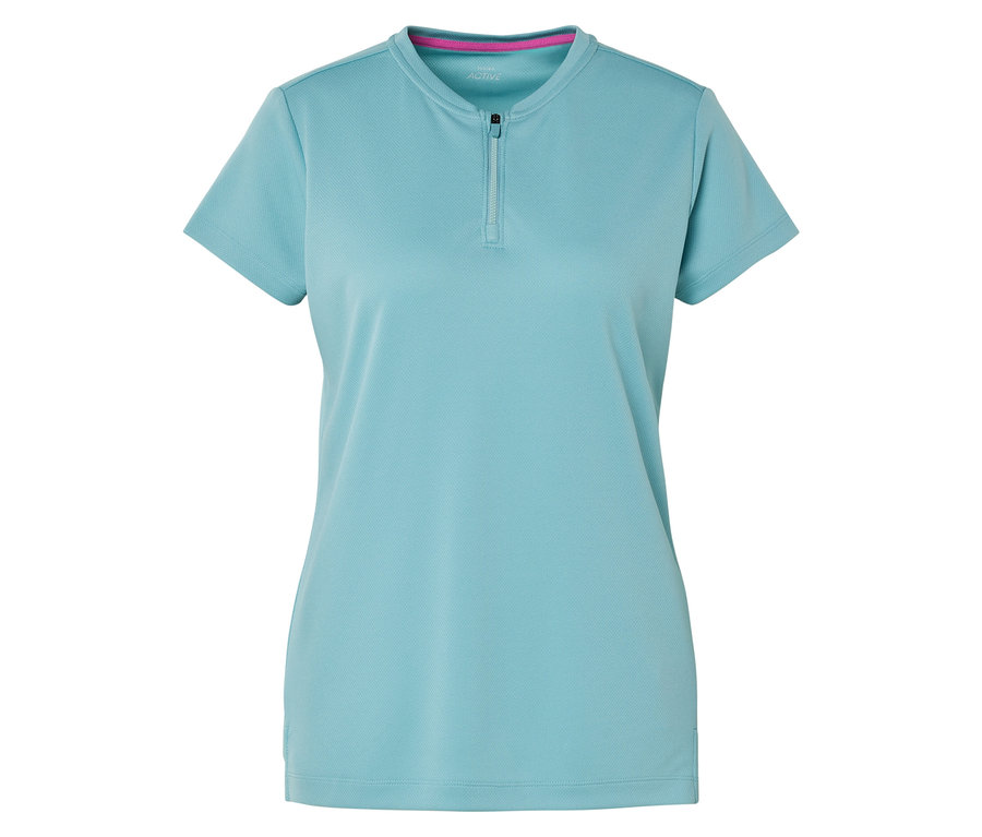 Hellblaues Kurzarmshirt mit kurzem Reißverschluss.