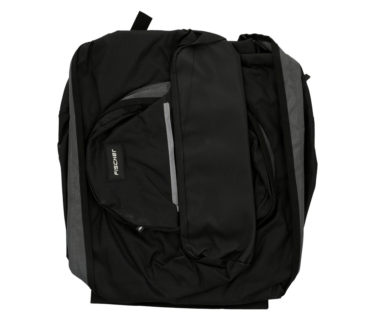 Die schwarze FISCHER Gepäckträgertasche mit grauen Akzenten liegt flach. Eine Außentasche und ein Tragegurt sind sichtbar.