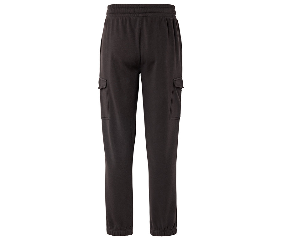 Dunkelgraue Jogginghose mit Kordelzug und Taschen, von hinten fotografiert.