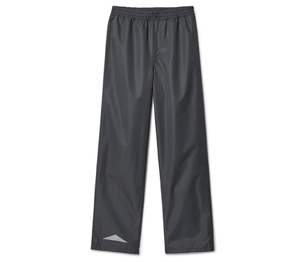 Graue Regenhose mit Gummizug und reflektierendem Dreieck am Bein.