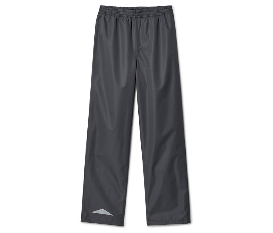 Graue Regenhose mit Gummizug und reflektierendem Dreieck am Bein.