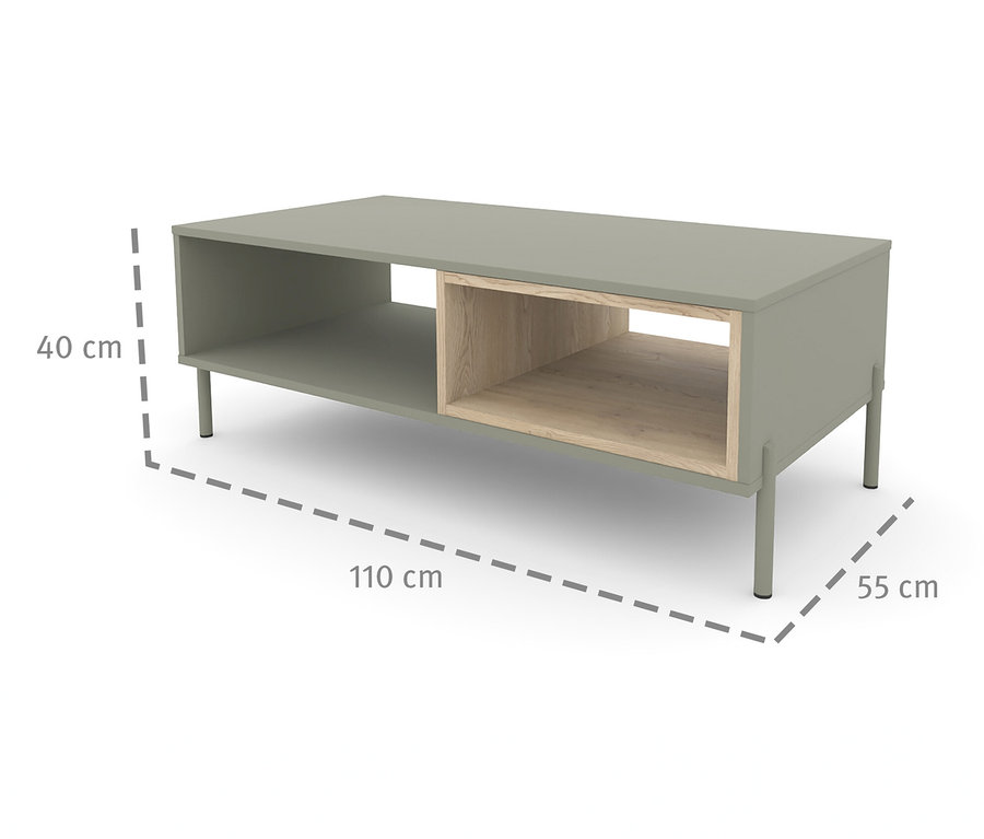 Salbeigrün »Hygge« Couchtisch mit Holzregal und Maßen von 40 cm Höhe, 110 cm Länge und 55 cm Breite.