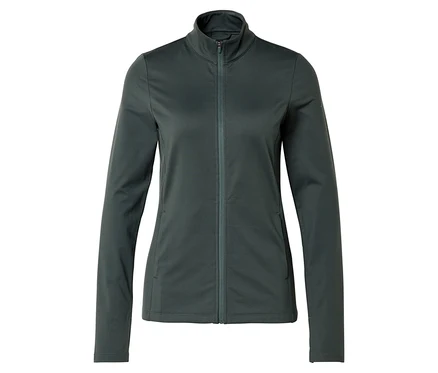Graue, langärmlige Jacke mit durchgehendem Reißverschluss und Stehkragen vor weißem Hintergrund.
