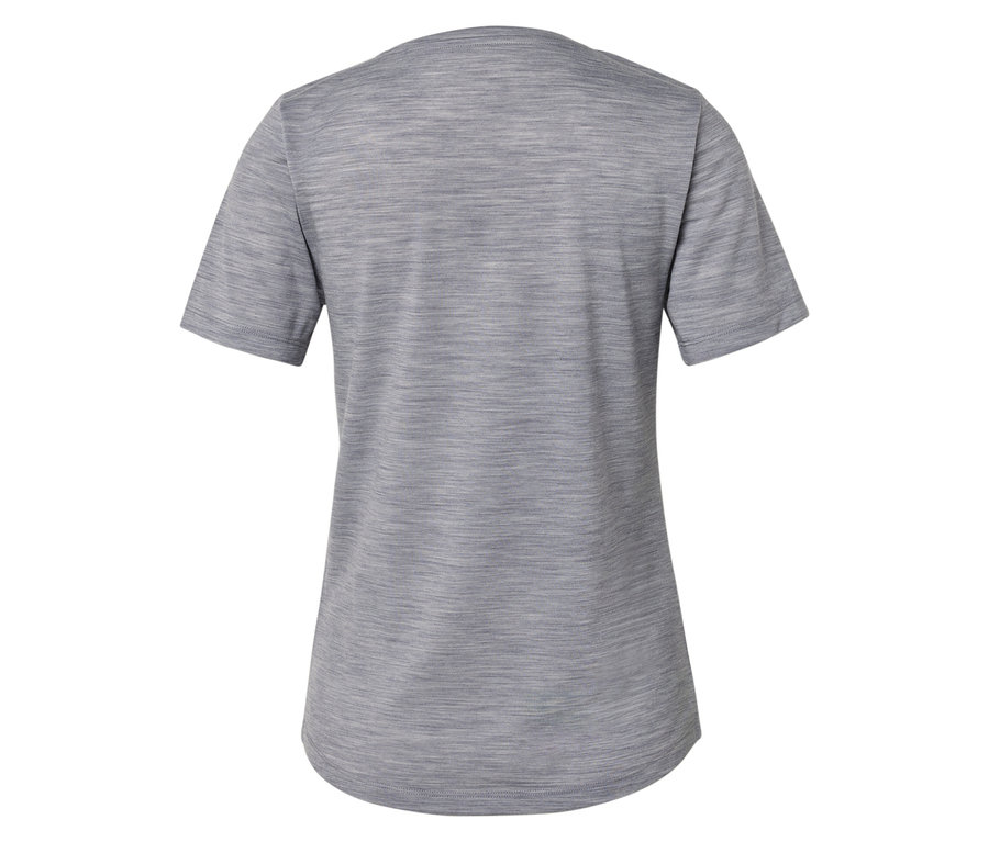 Rückansicht eines grauen T-Shirts mit kurzen Ärmeln.