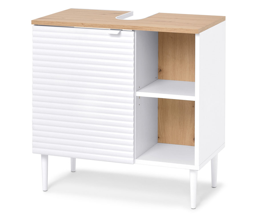 Weißer Waschtischunterschrank mit einer Holzplatte.