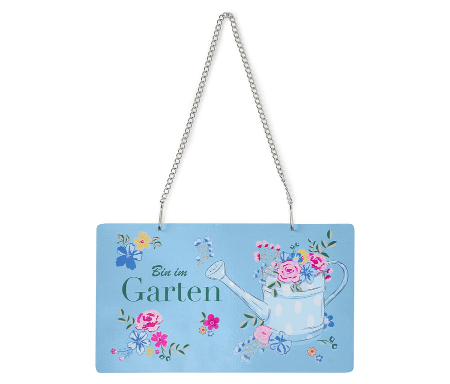 Schild mit der Aufschrift "Bin im Garten", verziert mit einer Gießkanne und Blumen.