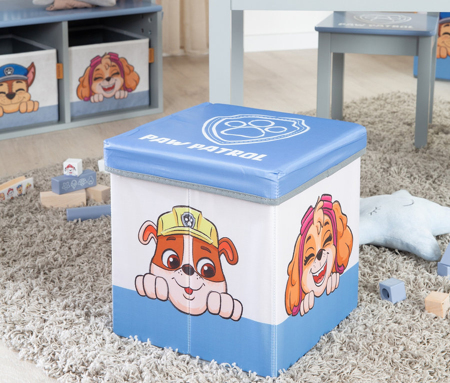 Ein quadratischer Spielzeug-Aufbewahrungsbehälter mit Paw Patrol-Motiven steht auf einem Teppich.
