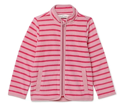 Rosa gestreifte Fleecejacke mit durchgehendem Reißverschluss und zwei Taschen.