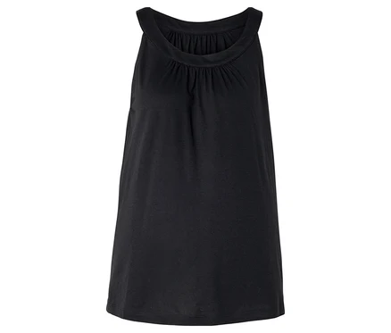 Schwarzes, ärmelloses Tanktop mit gerafftem Rundhalsausschnitt.