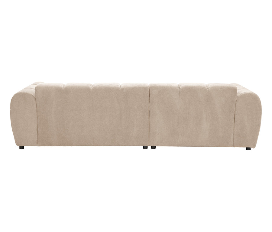 Rückansicht eines modularen Sofas mit beiger Polsterung und niedrigen schwarzen Füßen.