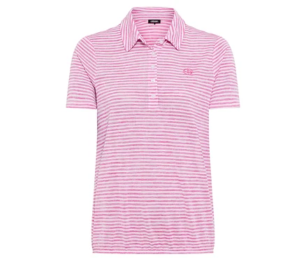 Ein gestreiftes, kurzärmeliges Poloshirt in Rosa und Weiß liegt auf einem weißen Hintergrund.