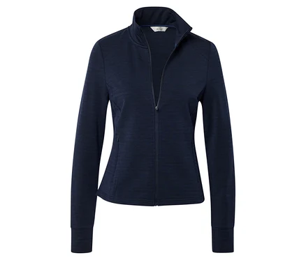 Dunkelblaue Funktionsjacke mit Merinowolle, Reißverschluss, Stehkragen und langen Ärmeln.
