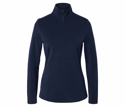 Dunkelblaues Langarmshirt mit Stehkragen und kurzem Reißverschluss, auf weißem Hintergrund.