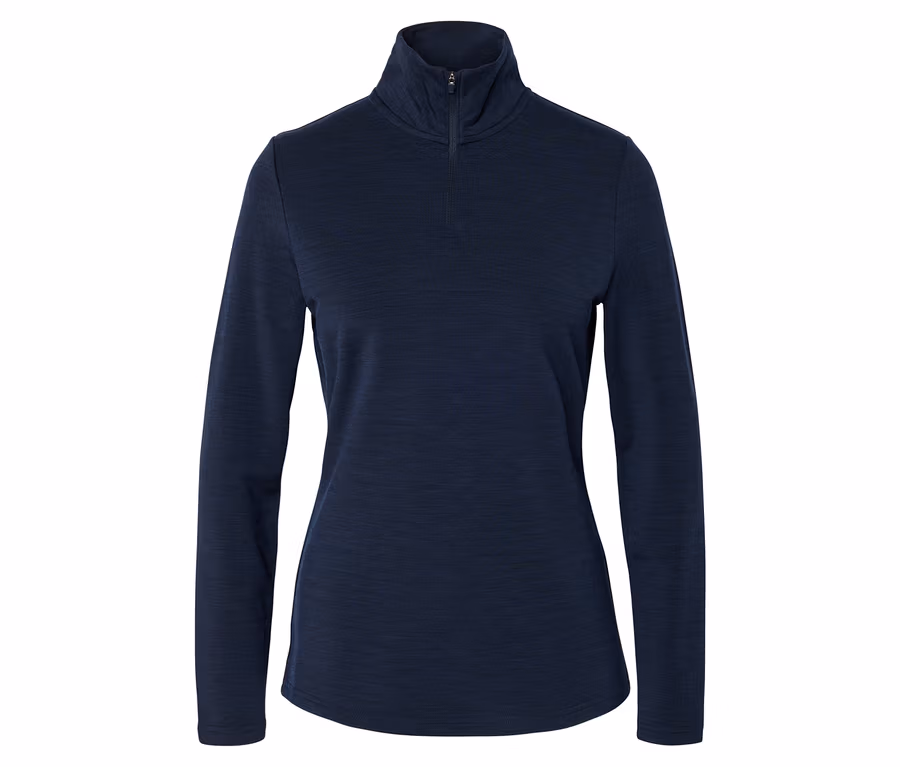 Dunkelblaues Langarmshirt mit Stehkragen und kurzem Reißverschluss, auf weißem Hintergrund.