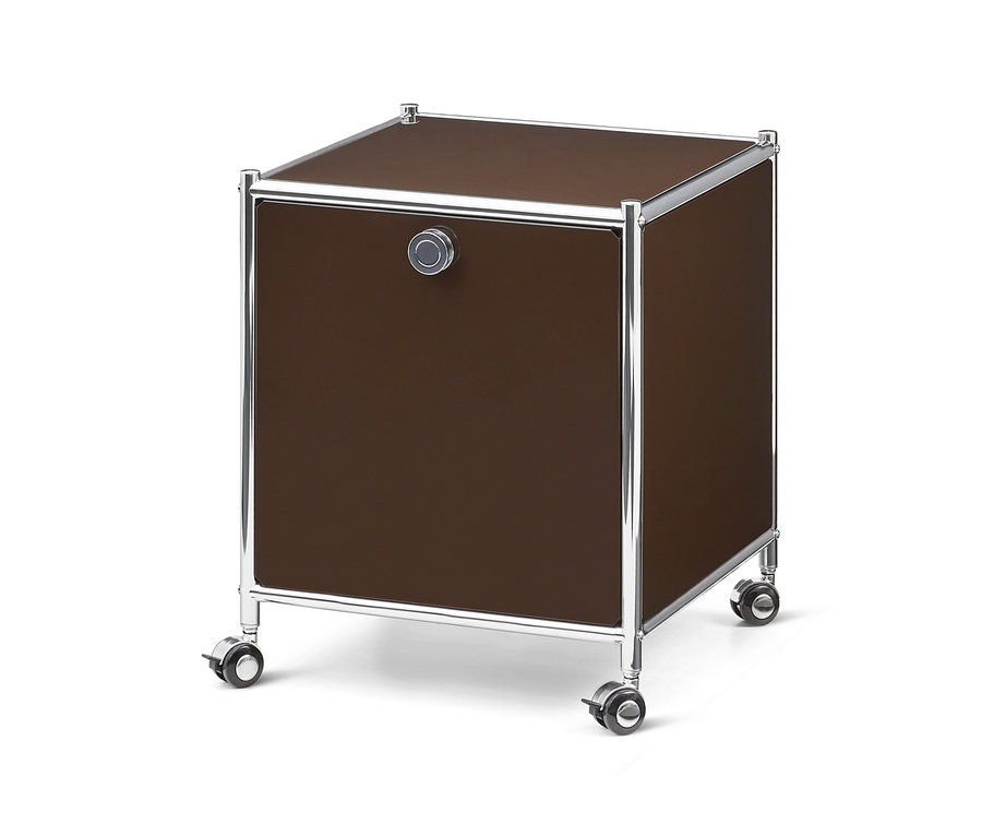 Brauner Metall-Beistelltisch „CN3“ mit Chromrahmen, einem Klappfach und Rollen.