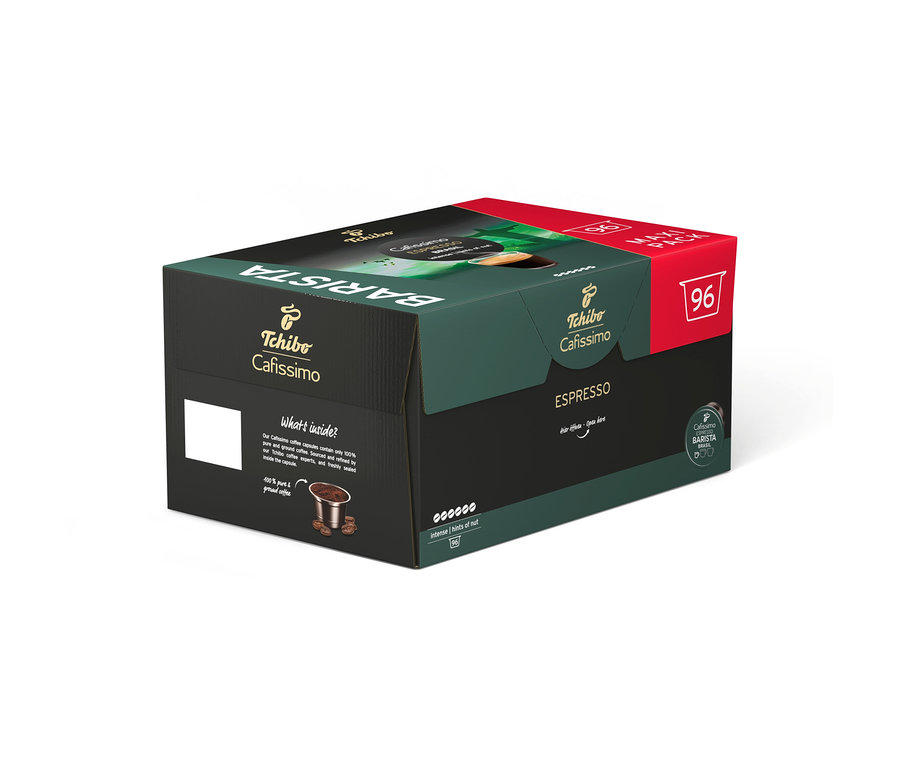Grüne und rote Tchibo Cafissimo BARISTA Espresso Brasil Kapselbox mit 96 Kapseln, leicht geöffnet, zeigt eine Kapsel.