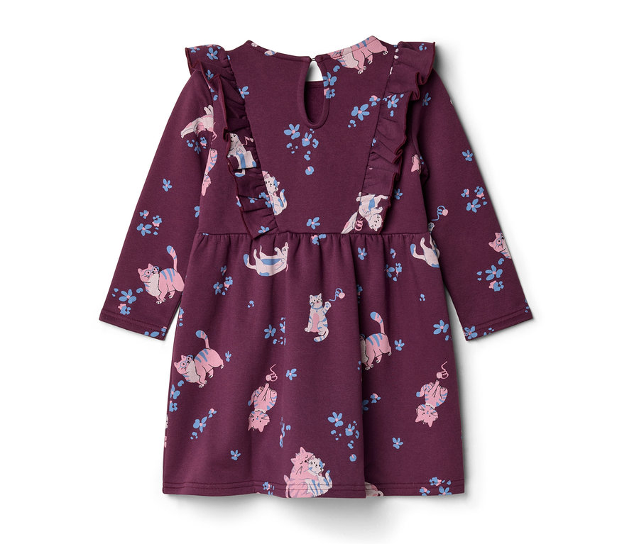 Dunkelviolettes Langarmkleid mit Rüschen an den Schultern und einem Muster aus rosa-blauen Katzen und kleinen blauen Blüten.