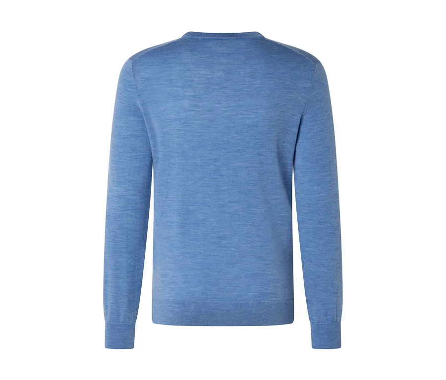 Blauer Langarmpullover von hinten, mit Rundhalsausschnitt und gerippten Bündchen.